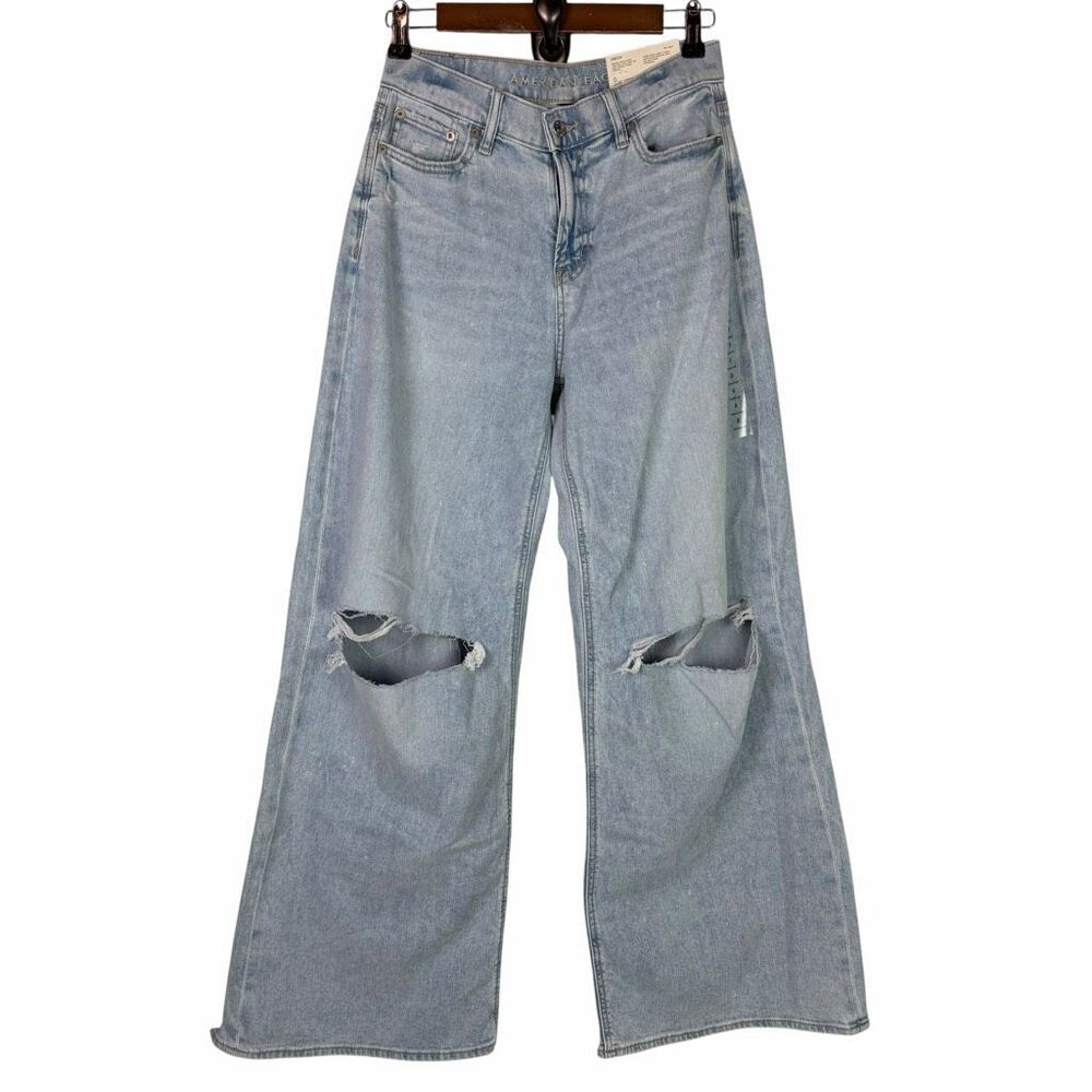 AE Womens 0 Stretch Dreamy Drape Ultra Wide Leg Jean Light Destroyer Wash NEW